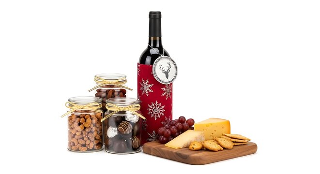 A festive wine bottle with a snowflake sleeve sits beside jars of nuts and chocolates, with cheese and crackers on a wooden board.