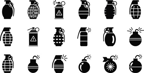Grenade icons, bomb symbols, explosive device set, black and white vector, military danger signs, cartoon bombs, hazard illustrations © VectoBloom