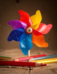 A vibrant, colorful pinwheel toy, set against a rustic wooden surface, with scattered colored pencils