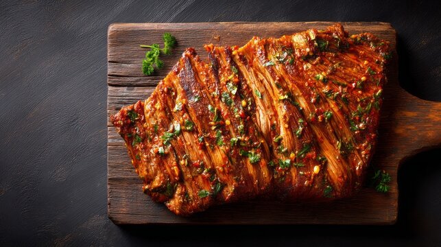 Raw flank steak is beautifully marinated with a spicy mixture, showcasing vibrant colors and aromatic herbs. It rests on a rustic wooden board, inviting culinary creativity