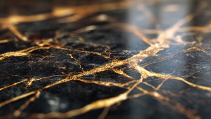Close-up of dark marble with a network of gold veins, illuminated by a soft light source creating a shallow depth of field.  The texture is highly detailed and luxurious