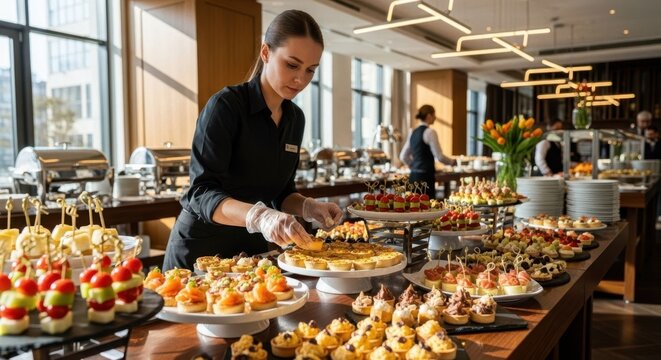 Woman catering staff arranging buffet food at business conference. Culinary service for banquet and corporate event.