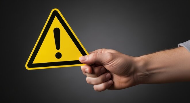Man hand holding yellow triangular warning sign with exclamation point, symbolizing danger, caution, alert, or risk. Safety concept for business presentation or education.