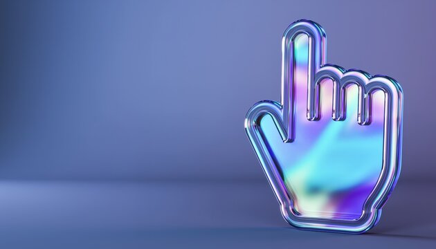 Holographic 3D hand cursor icon with glowing iridescent colors on soft blue surface.
