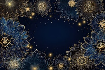 Elegant winter border design with intricate snowflake patterns, soft gold accents, and a blank center, illuminated by warm, twinkling lights