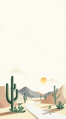 Minimalist desert landscape illustration featuring a winding road, saguaro cacti, low-poly mountains, and a setting sun, rendered in muted earth tones against a bright white sky