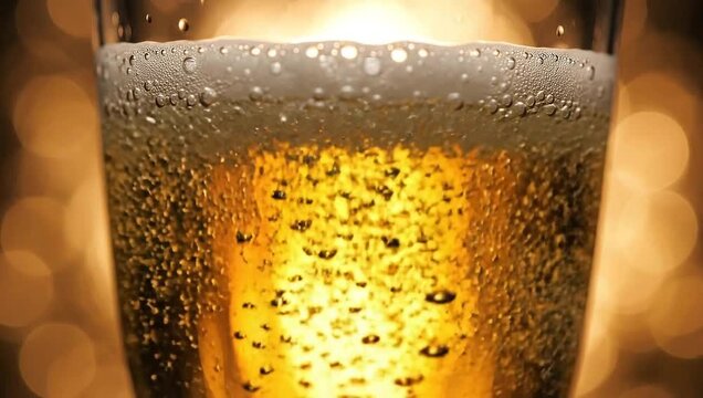 A vibrant close-up of a refreshing golden beer in a glass, showcasing its rich foam and effervescent bubbles, with a warm, blurred background that evokes celebration and relaxation