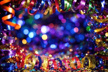 Whimsical New Year border adorned with colorful confetti and streamers, creating a joyful frame around a blank center, highlighted by bright, cheerful lighting