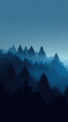 Misty twilight descends upon a dark, silhouetted evergreen forest, the trees fading into a hazy, cool-toned blue sky
