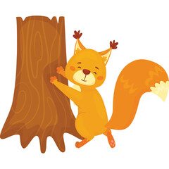 Cartoon Squirrel with Orange Fur and Bushy Tail Happily Climbing a Brown Tree Trunk with a Joyful Expression and Closed Eyes Set Against a Transparent Background