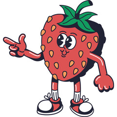 Cartoon Strawberry Character with Googly Eyes and Sneakers Pointing Left Against Transparent Background