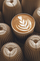 Artisan Latte Preparation With Leaf Design Among Cappuccino Cups 