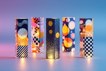Playful packaging design for New Year gifts, featuring colorful patterns and textures, illuminated by soft, ambient lighting for a cheerful mood