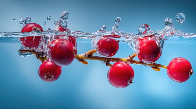 cranberries on branch splashing into transparent blue water, high speed macro photography, vivid red contrast, floating droplets, frozen motion
