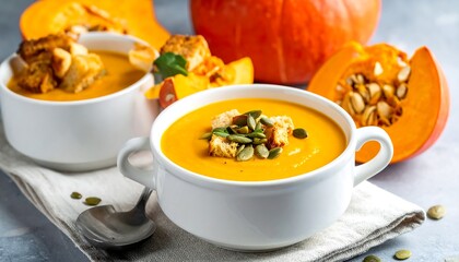 Creamy Pumpkin Soup with Toasted Croutons and Pumpkin Seeds.
