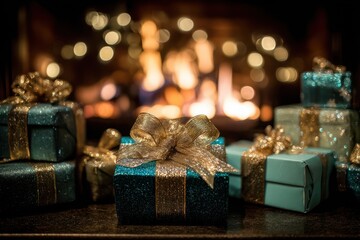 A close-up of beautifully wrapped gifts beside a glowing fireplace, creating a sense of anticipation and holiday cheer