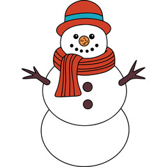 Cartoon Snowman With Red Scarf and Hat In Winter Season Wearing A Blue Stripe On The Hat And Dark Brown Buttons On Its Body