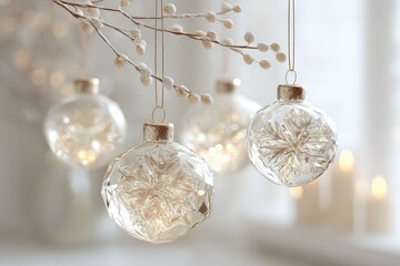 An elegant seamless design of frosty snowflakes, charming decorations, and graceful branches, illuminated by soft, diffused lighting, evoking a serene winter wonderland