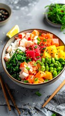 A vibrant sushi bowl showcases fresh ingredients salmon, tuna, crab, mango, edamame, and seaweed, over rice. Garnished with sesame seeds and herbs