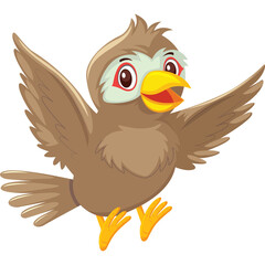 Cartoon sparrow with open wings and beak against a transparent background