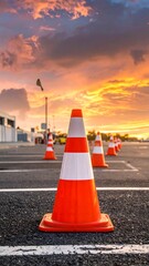 A vibrant sunset paints the sky behind a line of orange and white traffic cones on asphalt, marking a road or parking area