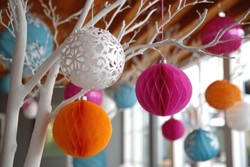 A playful arrangement of whimsical snowflakes, vibrant ornaments, and natural branches, featuring bright, cheerful colors and a light, festive atmosphere