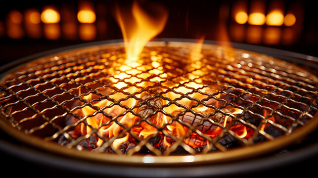 A golden, round metal grill with flames; the fire is burning and illuminating it from above, on dark background, gold chrome iron plate looks while being used for grilling meat.