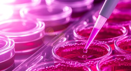 Close-up of a pipette dispensing a pink liquid into a multi-well plate filled with pink substance, used in scientific research or medical testing.