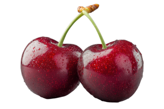 Two Cherries Freshly Picked Close up with Dewdrops on a Dark Background Fruit Still Life Tasty treat