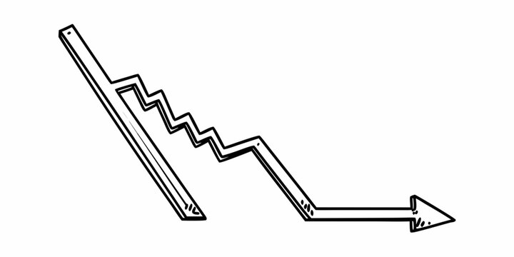 Hand drawn downward trend arrow with jagged line showing decrease in black and white illustration style