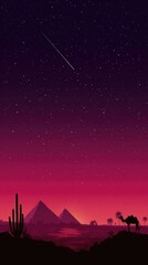 Silhouetted pyramids and camel against a vibrant pink and purple desert night sky, a shooting star streaks across