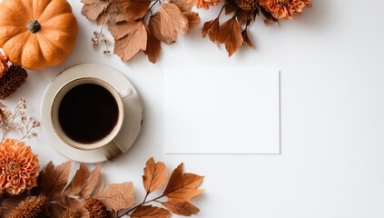 Flatlay autumn scene coffee cup, blank card, small pumpkin, dried flowers & leaves on white background