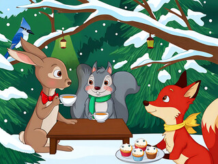 Festive forest animals gather around a Christmas tree with gifts, tea, and joy in snowy winter forest.