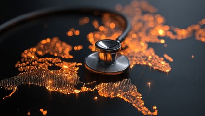 Global Healthcare: A stethoscope rests upon a glowing, stylized world map, symbolizing the vital role of worldwide healthcare.