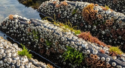 Close up of barnacle covered logs with seaweed and algae growth in shallow water