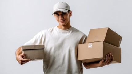A friendly courier stands ready to deliver packages, holding a mix of small and large boxes. The setting features a simple background, emphasizing the hustle of delivery work