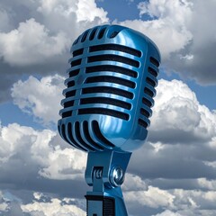 A vintage, turquoise-colored microphone stands against a backdrop of a cloudy, blue sky. It is close up
