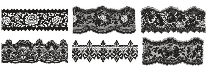 Lace pattern border vector set. Floral embroidery trim with detailed flower design, ornate texture. Elegant vintage ribbon illustration. Delicate botanical element for wedding, scrapbooking, collages.