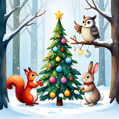 Festive forest animals gather around a Christmas tree with gifts, tea, and joy in snowy winter forest.