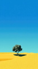 Solitary tree casts a shadow on sun-drenched, undulating yellow sand under a vibrant blue sky; minimalist, serene landscape