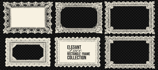 Floral lace embroidery border vector set. Beige trim pattern frame with jacquard scallop texture, natural ornamental detailing. Rectangle lace template for wedding decor.