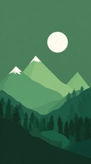 Stylized, minimalist depiction of a moonlit mountain range and valley, rendered in varying shades of green, with simplified, silhouetted trees