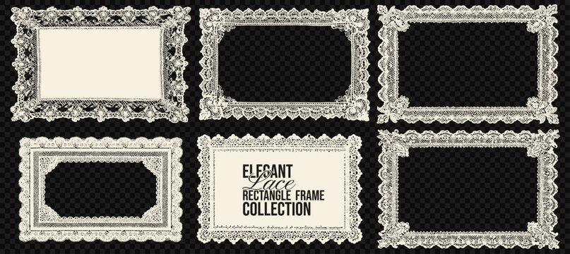 Floral lace embroidery border vector set. Beige trim pattern frame with jacquard scallop texture, natural ornamental detailing. Rectangle lace template for wedding decor.