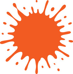 A vibrant orange paint splatter with irregular edges and small droplets scattered around the main shape.
