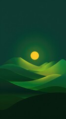 Stylized minimalist landscape featuring smooth, undulating green hills under a large, bright yellow moon in a dark teal night sky.  The scene is serene and evokes a sense of calm