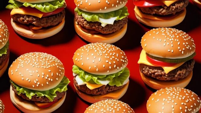 Video of many beef burgers and cheeseburgers with vegetables and sauce pattern on red background.Slow motion zoom out.AI Generative.
