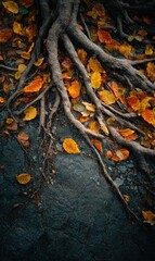 Thick, gnarled tree roots sprawl across dark, rough ground, interwoven with fallen autumn leaves in vibrant oranges and yellows