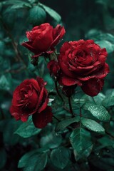Three deep crimson roses, glistening with raindrops, bloom amidst lush, dark green foliage.  The image has a moody, saturated aesthetic