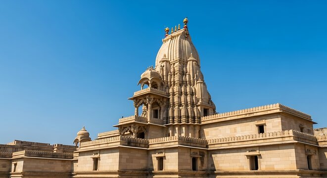 Exterior view of the baps shri swaminarayan mandir bhuj under a clear blue sky