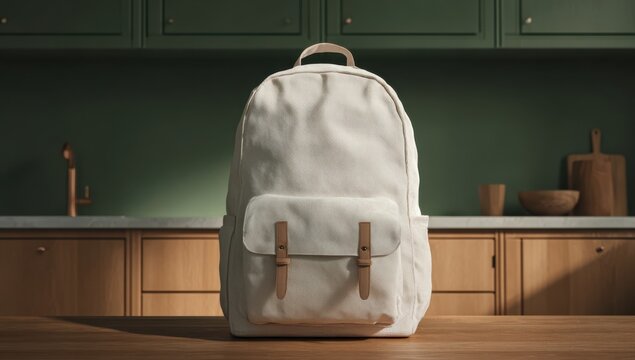 Backpack Amidst Warmth: A light backpack sits on a wooden counter with a backdrop of a warm kitchen, blending functionality with a touch of home life.